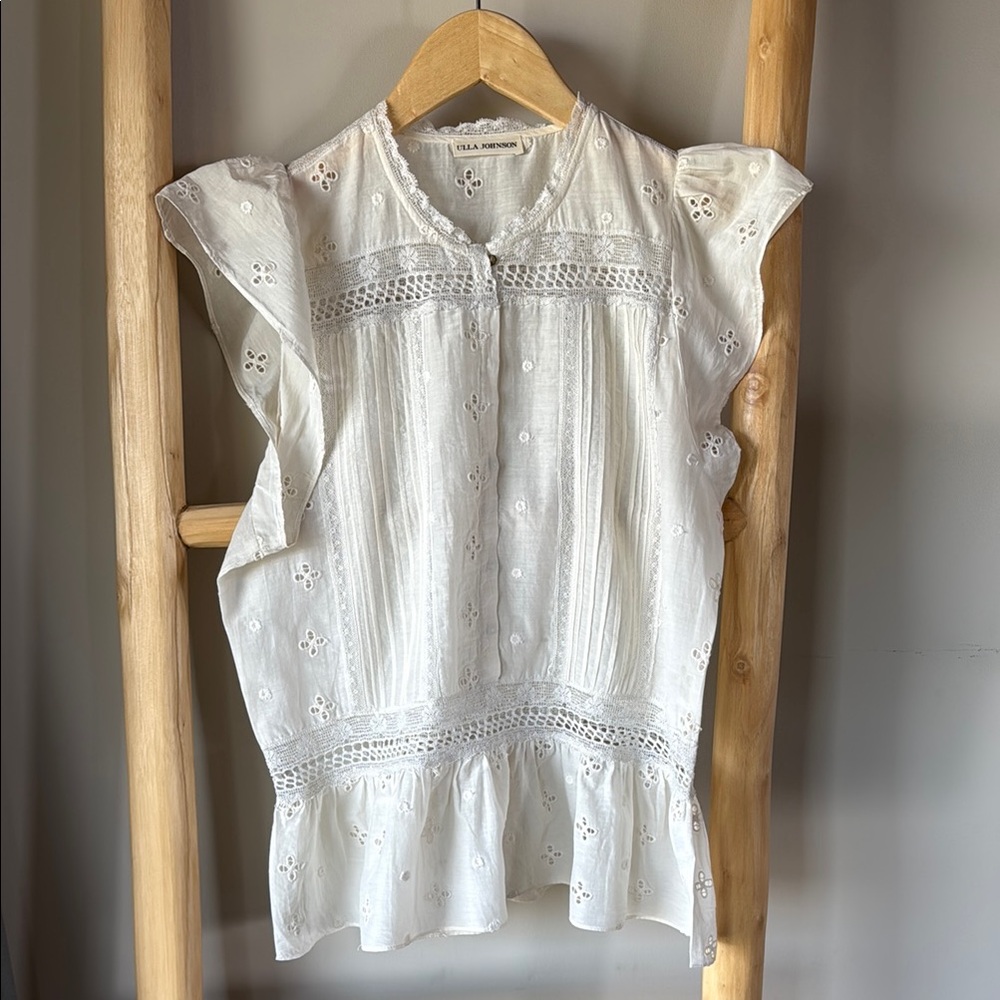 Ulla Johnson White Pleated Cap Sleeve Blouse - Picture 3 of 5